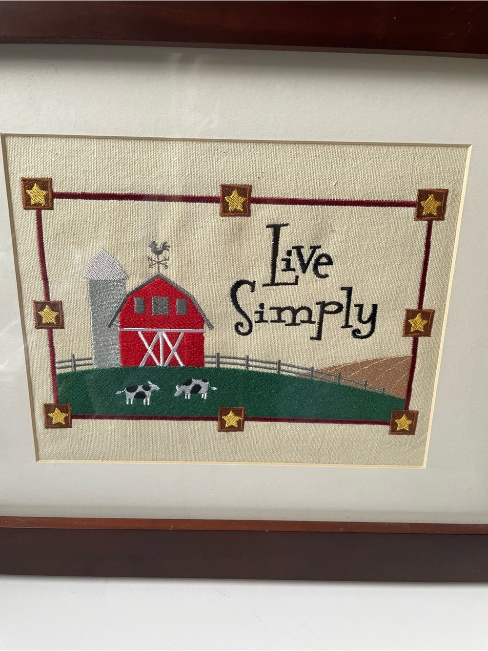 Live Simply Red Barn embroidered Framed Wall Art. - Picture 2 of 4